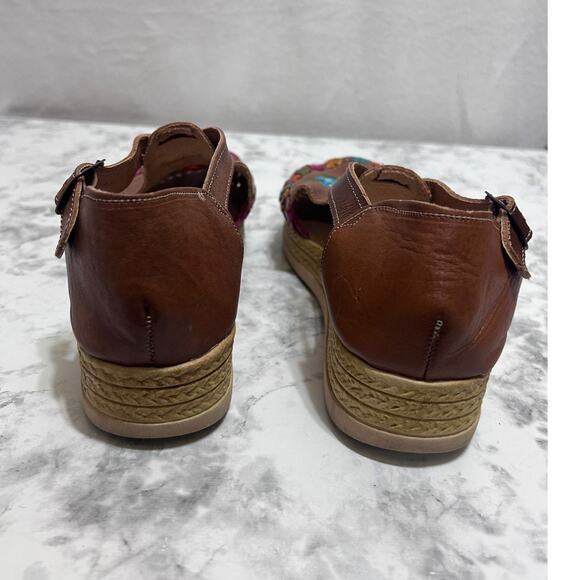 Zula Huarache Mexican Sandal 9 Brown Floral Handmade Leather Art Hippie Peasant - Picture 5 of 9